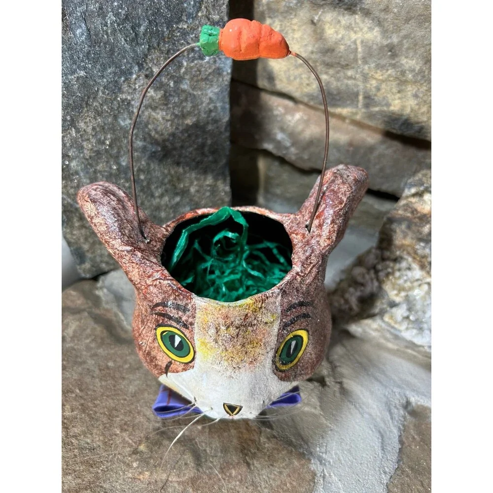 Dept 56 Paper Mache Bunny Rabbit Easter Spring Hand Painted Candy Bucket